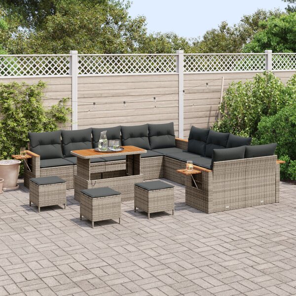 14 darabos kerti sofa szett párnákkal szürke poli rattan akác, 4 darabos kerti étkező szett párnákkal szürke poli rattan akác