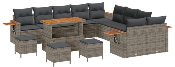 14 darabos kerti sofa szett párnákkal szürke poli rattan akác, 4 darabos kerti étkező szett párnákkal szürke poli rattan akác