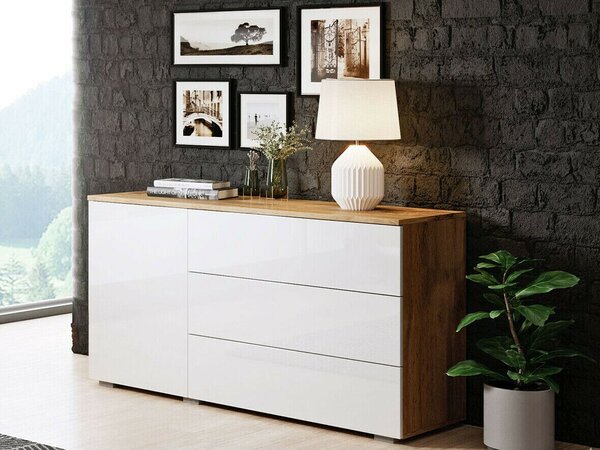 Komód Sarasota 128, Laminált forgácslap, 68x111x39cm, Fényes fehér, Wotan tölgy