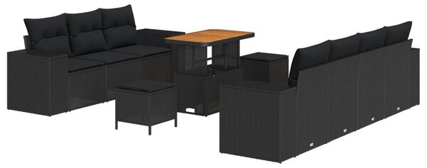 10 Darabos Kerti Kanapészett Párnákkal Fekete Poli Rattan Akácia, 3 Darabos Kerti Étkezőszett Párnákkal Fekete Poli Rattan Akácia