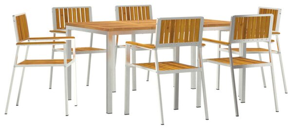 7 darabos Kerti Étkezőszett Tömör Akácfából, Kültéri Étkezőasztal 150x90x75 cm Tömör Akácfából, Összecsukható Kerti Székek 2 db Tömör Akácfa és Fém, Összecsukható Kerti Székek 4 db Tömör Akácfa és Fém