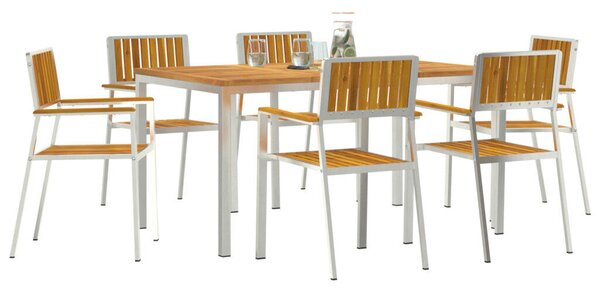 7 darabos Kerti Étkezőszett Tömör Akácfából, Kültéri Étkezőasztal 150x90x75 cm Tömör Akácfából, Összecsukható Kerti Székek 2 db Tömör Akácfa és Fém, Összecsukható Kerti Székek 4 db Tömör Akácfa és Fém