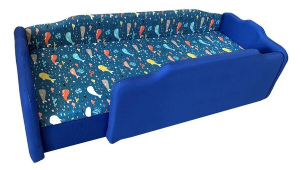 Kék és tengerkék bálnás körbetámlás leesésgátlós gyerekágy ágyneműtartóval - 160x70 cm / Balos / 10 cm-es matraccal és 3 cm-es támlamagasítással