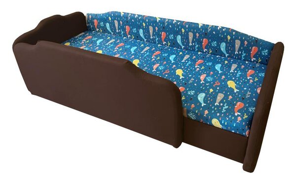 Barna és tengerkék bálnás körbetámlás leesésgátlós gyerekágy ágyneműtartóval - 160x70 cm / Jobbos / 5 cm-es matraccal