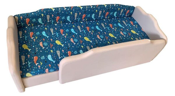 Homok és tengerkék bálnás körbetámlás leesésgátlós gyerekágy ágyneműtartóval - 160x70 cm / Balos / 5 cm-es matraccal
