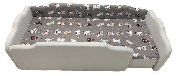 Szürke és szürke kutyusos körbetámlás leesésgátlós gyerekágy ágyneműtartóval - 160x70 cm / Balos / 10 cm-es matraccal és 3 cm-es támlamagasítással és levehető első oldali leesésgátlóval