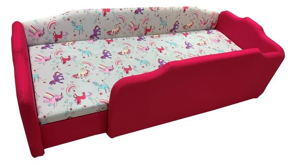 Pink és rózsaszín unikornisos körbetámlás leesésgátlós gyerekágy ágyneműtartóval - 160x70 cm / Balos / 10 cm-es matraccal és 3 cm-es támlamagasítással