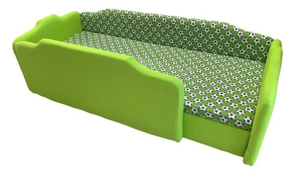 Zöld focilabdás körbetámlás leesésgátlós gyerekágy ágyneműtartóval - 160x70 cm / Középső / 5 cm-es matraccal és levehető első oldali leesésgátlóval