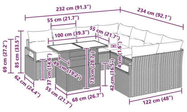 9 Darabos Kert Sofa Szett Párnákkal Bézs Poli Rattan, 2-Fős Kert Sofa Párnákkal Bézs Poli Rattan