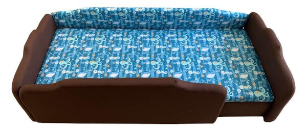 Csokibarna és tengerkék körbetámlás leesésgátlós gyerekágy ágyneműtartóval - 160x70 cm / Középső / 10 cm-es matraccal és 3 cm-es támlamagasítással