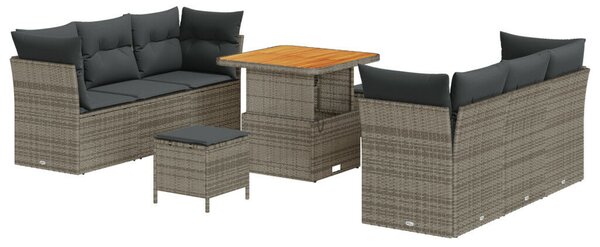 9 Részes Kert Kanapé Szett Párnákkal Szürke Poly Rattan Akác, 3 Részes Kert Étkező Szett Párnákkal Szürke Poly Rattan Akác