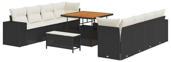 11 Darabos Kerti Kanapészett Párnákkal Fekete Poli Rattan Akáccal, 3 Darabos Kerti Étkező Szett Párnákkal Fekete Poli Rattan Akáccal