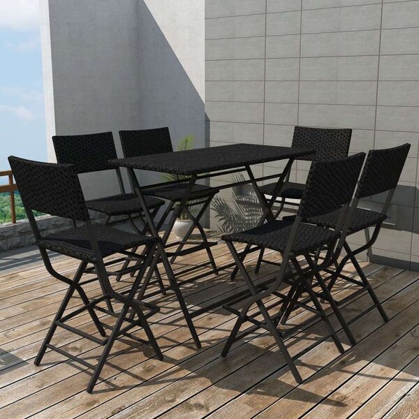 VidaXL 7-részes fekete kerti polyrattan/acél összecsukható étkezőszett