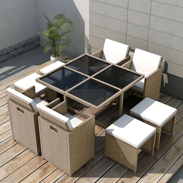 Polyrattan Kültéri Étkezőgarnitúra - 9 részes - Bézs