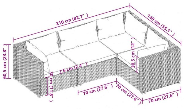 4-részes szürke polyrattan kerti ülőgarnitúra párnákkal
