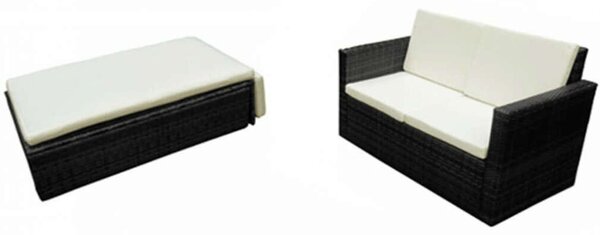 2-személyes Polyrattan Kerti Kanapé Szett - Fekete - Kihajtható Lábtartóval