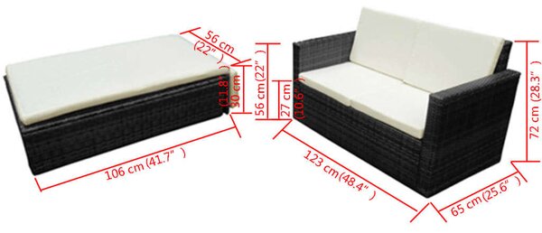 2-személyes Polyrattan Kerti Kanapé Szett - Fekete - Kihajtható Lábtartóval