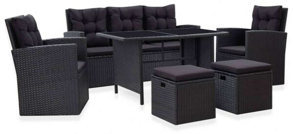 VidaXL 6 részes fekete polyrattan kerti bútorszett párnákkal