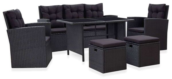VidaXL 6 részes fekete polyrattan kerti bútorszett párnákkal