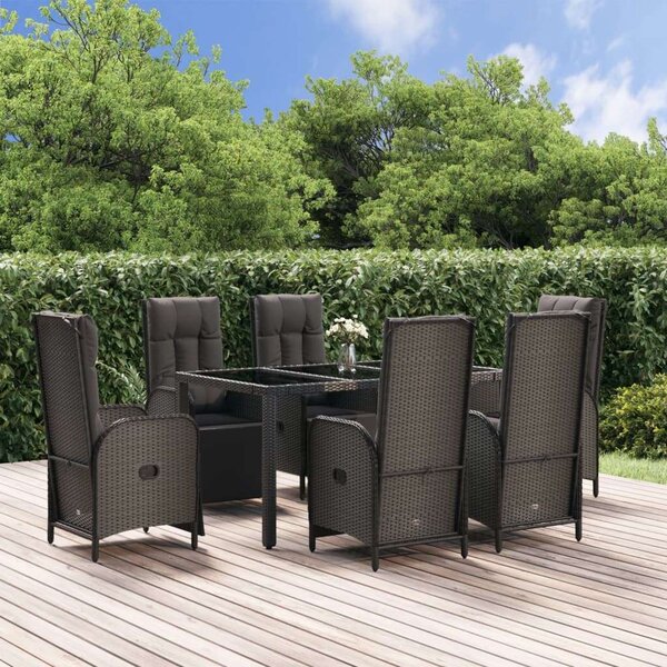 VidaXL 7 részes fekete és szürke polyrattan kerti étkezőszett párnával