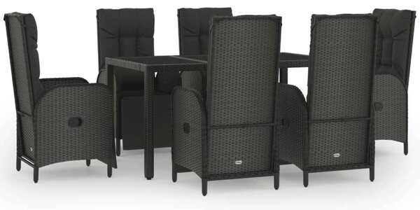 VidaXL 7 részes fekete és szürke polyrattan kerti étkezőszett párnával