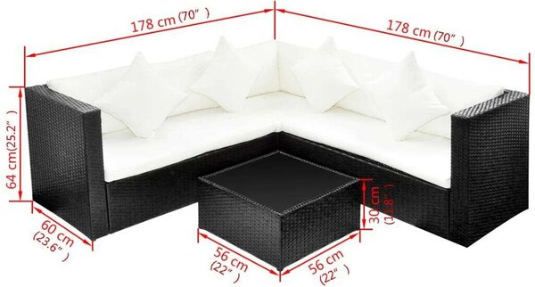 Polyrattan Kerti Bútorszett - 4 részes - Fekete