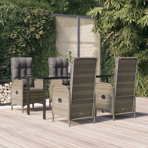 VidaXL 5 részes fekete és szürke polyrattan kerti étkezőszett párnával