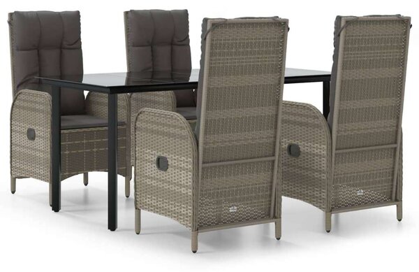 VidaXL 5 részes fekete és szürke polyrattan kerti étkezőszett párnával