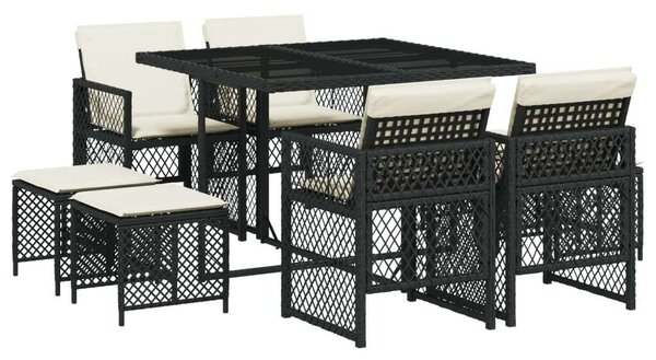 VidaXL 9 részes fekete polyrattan kerti étkezőgarnitúra párnákkal
