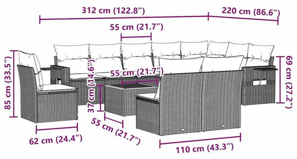 VidaXL 11 részes fekete polyrattan kerti ülőgarnitúra párnákkal