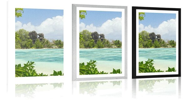 Poszter paszpartuval: gyönyörű tengerpart La Digue szigetén