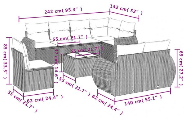 VidaXL Polyrattan Kerti Ülőgarnitúra - 9 részes - Fekete