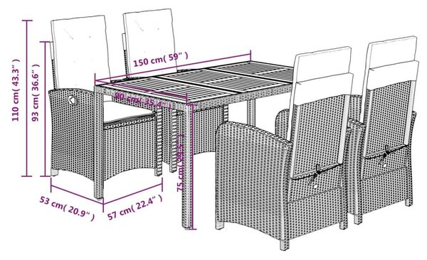 VidaXL 5 részes fekete polyrattan kerti étkezőgarnitúra párnákkal