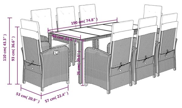 VidaXL 9 részes szürke polyrattan kerti étkezőgarnitúra párnával
