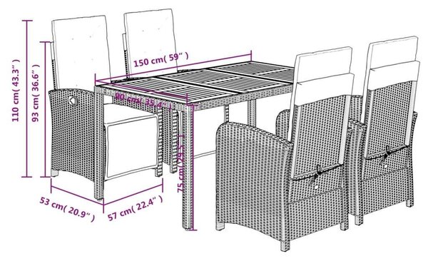 VidaXL 5 részes fekete polyrattan kerti étkezőgarnitúra párnákkal