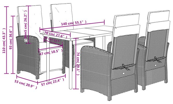 VidaXL 5részes világosszürke polyrattan kerti étkezőgarnitúra párnával