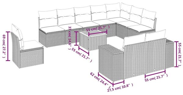 VidaXL 11 részes bézs polyrattan kerti ülőgarnitúra párnákkal