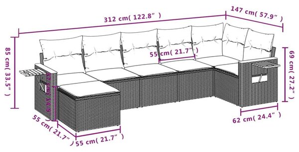 VidaXL 7 részes fekete polyrattan kerti ülőgarnitúra párnával