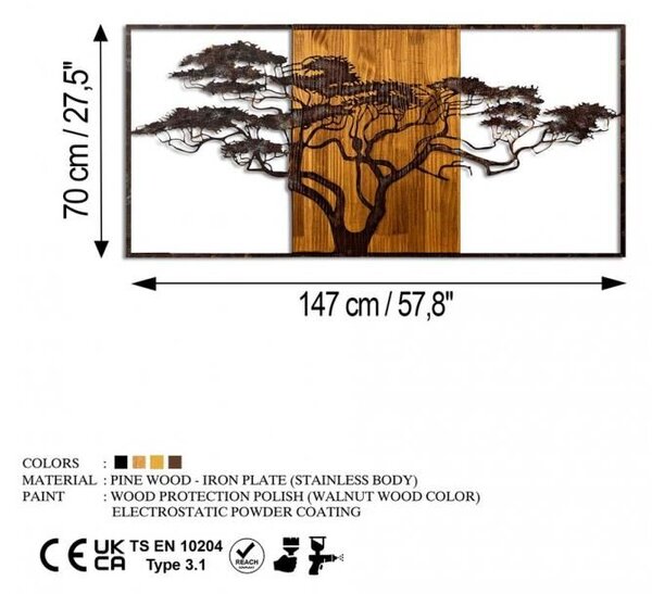 Kézzel festett dekoratív fa falkiegészítő, 147 x 70 x 3 cm | 100% tömör fa (3 cm) és fém (1,5 mm) | Egyedi dizájn természetes va