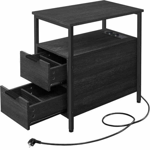 Éjjeliszekrény 60x35x61 cm, 2 fiókkal, polcokkal és beépített konnektorral, forgácslapból és acélból, antracitszürke és fekete