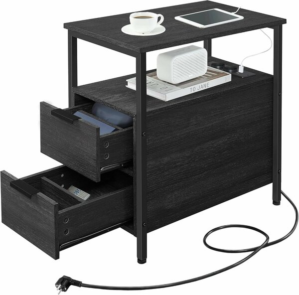 Éjjeliszekrény 60x35x61 cm, 2 fiókkal, polcokkal és beépített konnektorral, forgácslapból és acélból, antracitszürke és fekete