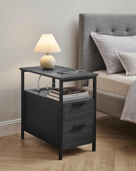 Éjjeliszekrény 60x35x61 cm, 2 fiókkal, polcokkal és beépített konnektorral, forgácslapból és acélból, antracitszürke és fekete
