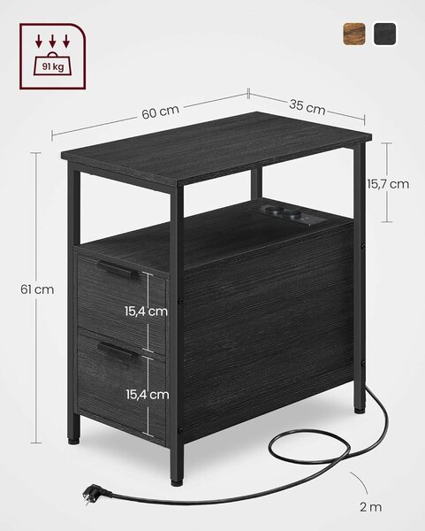 Éjjeliszekrény 60x35x61 cm, 2 fiókkal, polcokkal és beépített konnektorral, forgácslapból és acélból, antracitszürke és fekete
