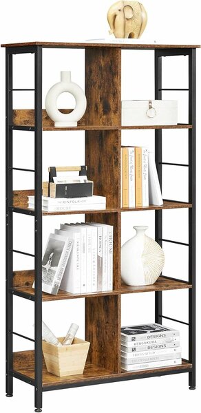 Nyitott polcos könyvespolc, 8 rekeszes, ipari design, 80x33x149 cm, retró barna és fekete