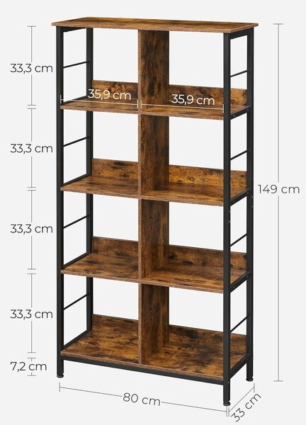 Nyitott polcos könyvespolc, 8 rekeszes, ipari design, 80x33x149 cm, retró barna és fekete