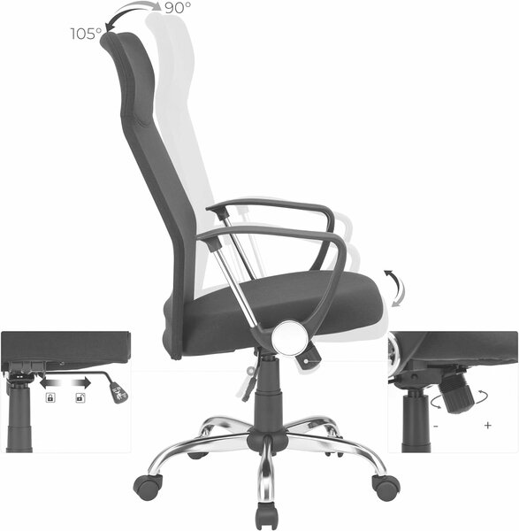 Ergonomikus forgószék konferenciaterembe, kárpitozott, állítható magasságú és lehajtható háttámlával, fekete
