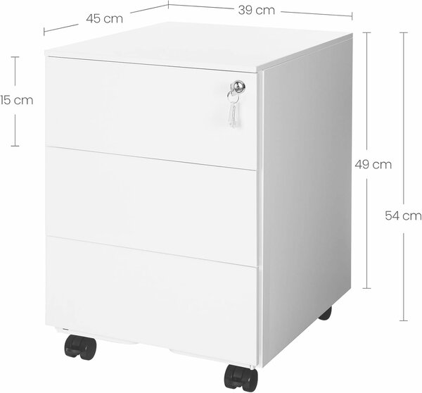 Mobil irodai szekrény „rollbox” típusú, 3 fiókos dokumentumokhoz, előre összeszerelt test, 45x39x54 cm, fehér