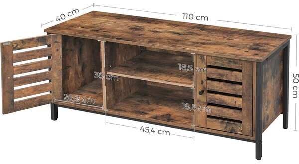 Alacsony TV-szekrény polcokkal és 2 zárható tárolórekesszel, ipari stílus, 110x40x50 cm, rusztikus barna és fekete