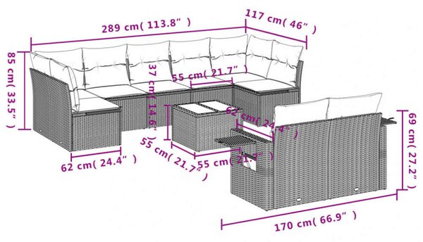 VidaXL Polyrattan Kerti Ülőgarnitúra - 10 részes - Szürke