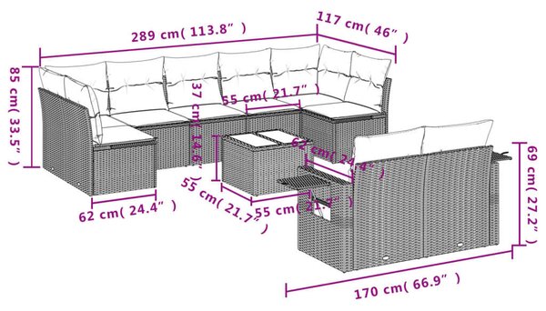 VidaXL Polyrattan Kerti Ülőgarnitúra - 10 részes - Szürke